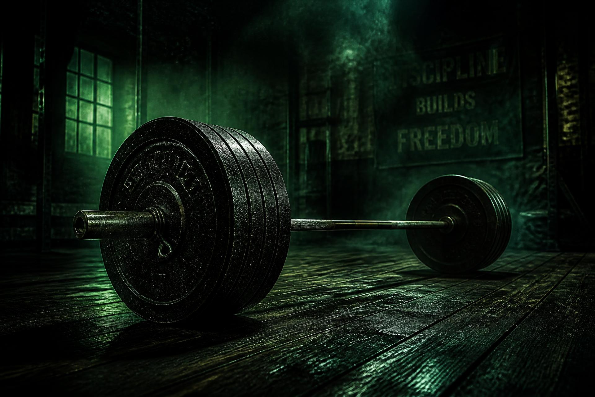 Loaded barbell resting on a dark gym floor